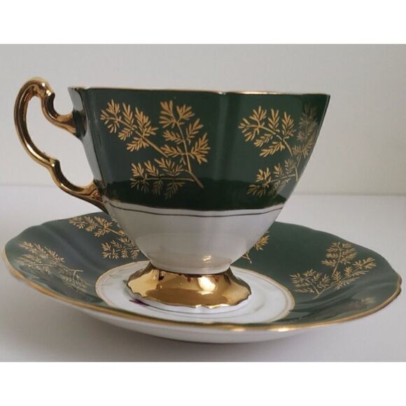 Vintage Adderley Teacup and Saucer, Green and Gold with Red Rose/ England - Picture 3 of 5